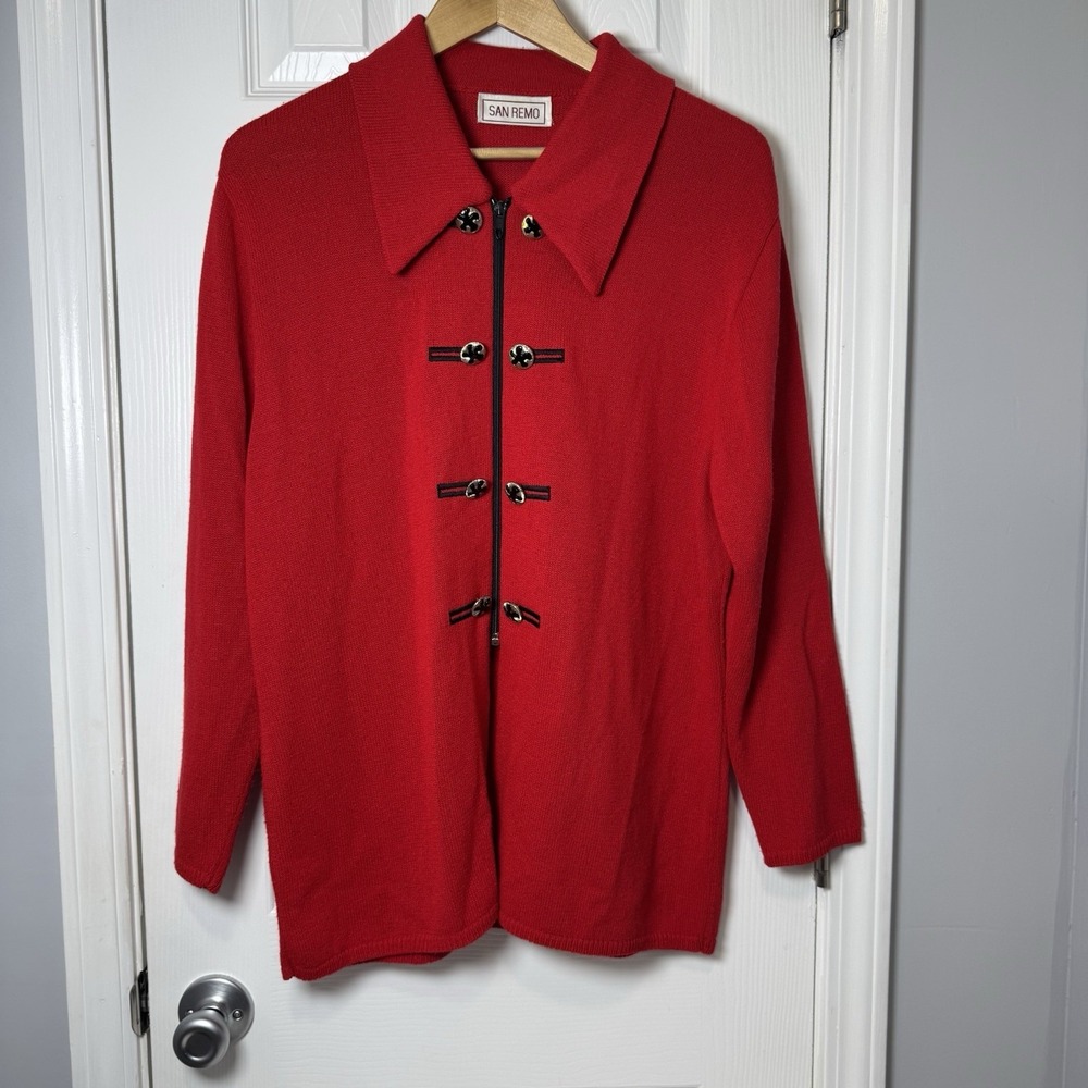 SAN REMO by Laura Knits Red Black Sweater Jacket Large Buttons Zip Vintage Money